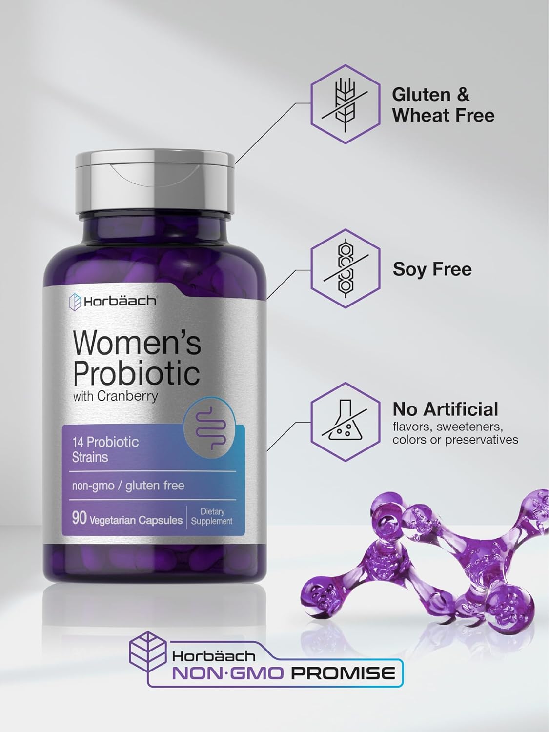 Horbäach Probiotic for Women with Cranberry - 90 Capsules, 14 Strains, Non-GMO, Gluten Free