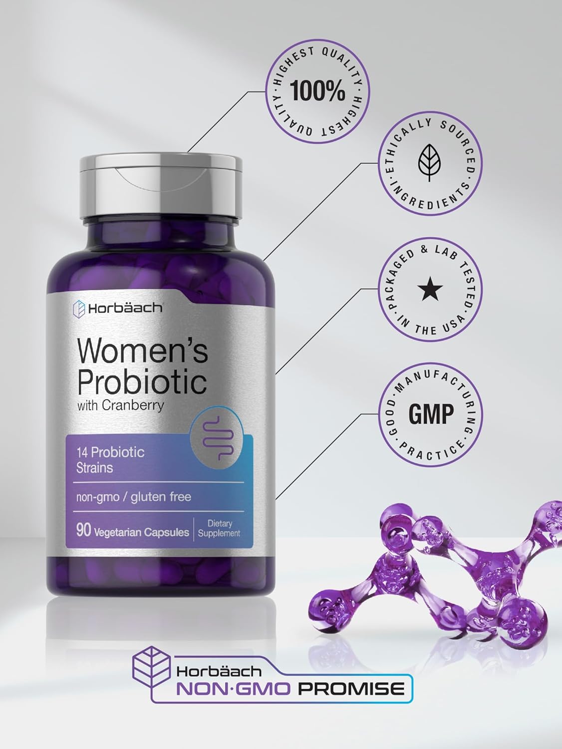 Horbäach Probiotic for Women with Cranberry - 90 Capsules, 14 Strains, Non-GMO, Gluten Free