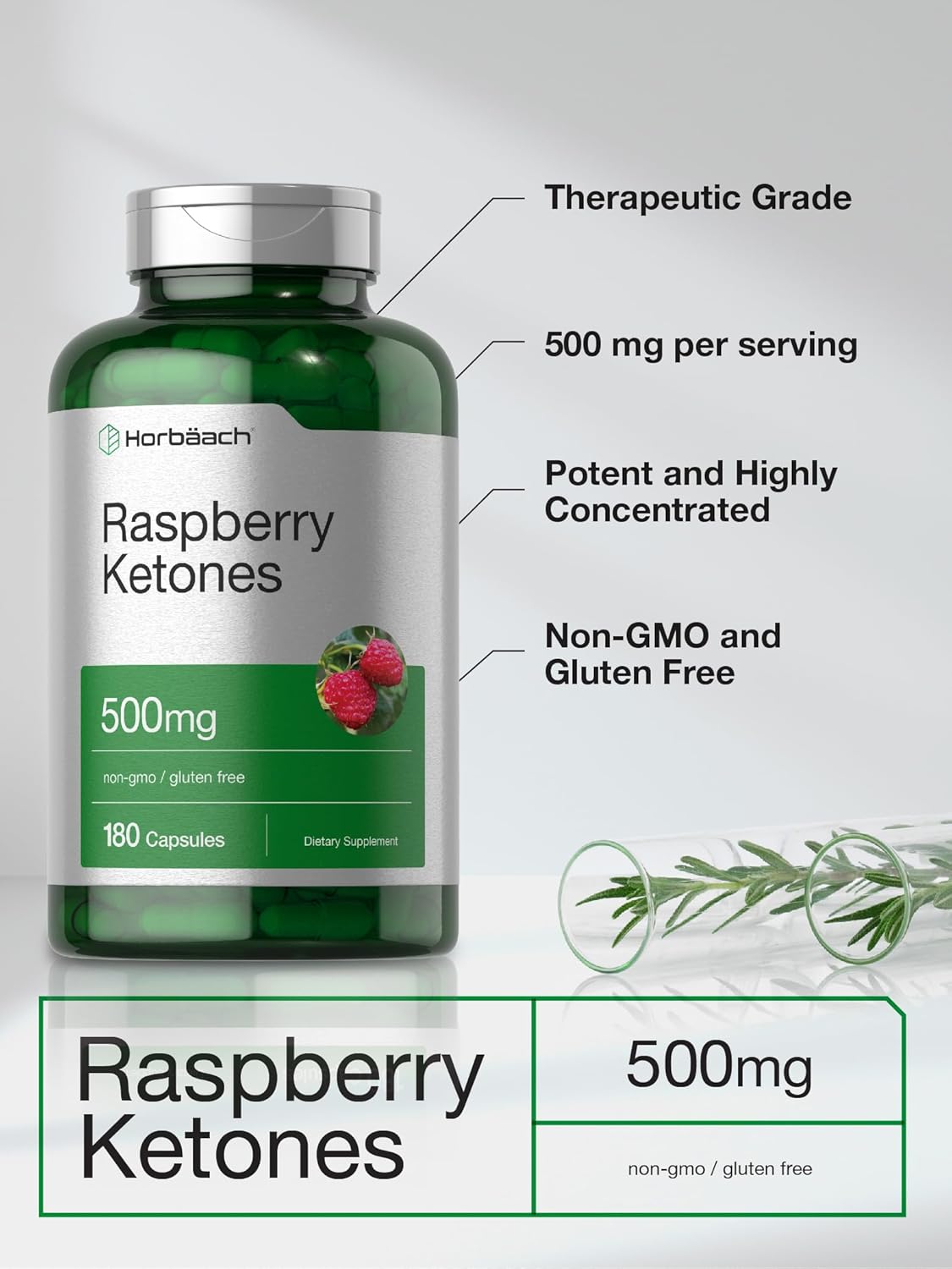 Horbäach Raspberry Ketones 500mg 180 Capsules Non-GMO Gluten Free Dietary Supplement