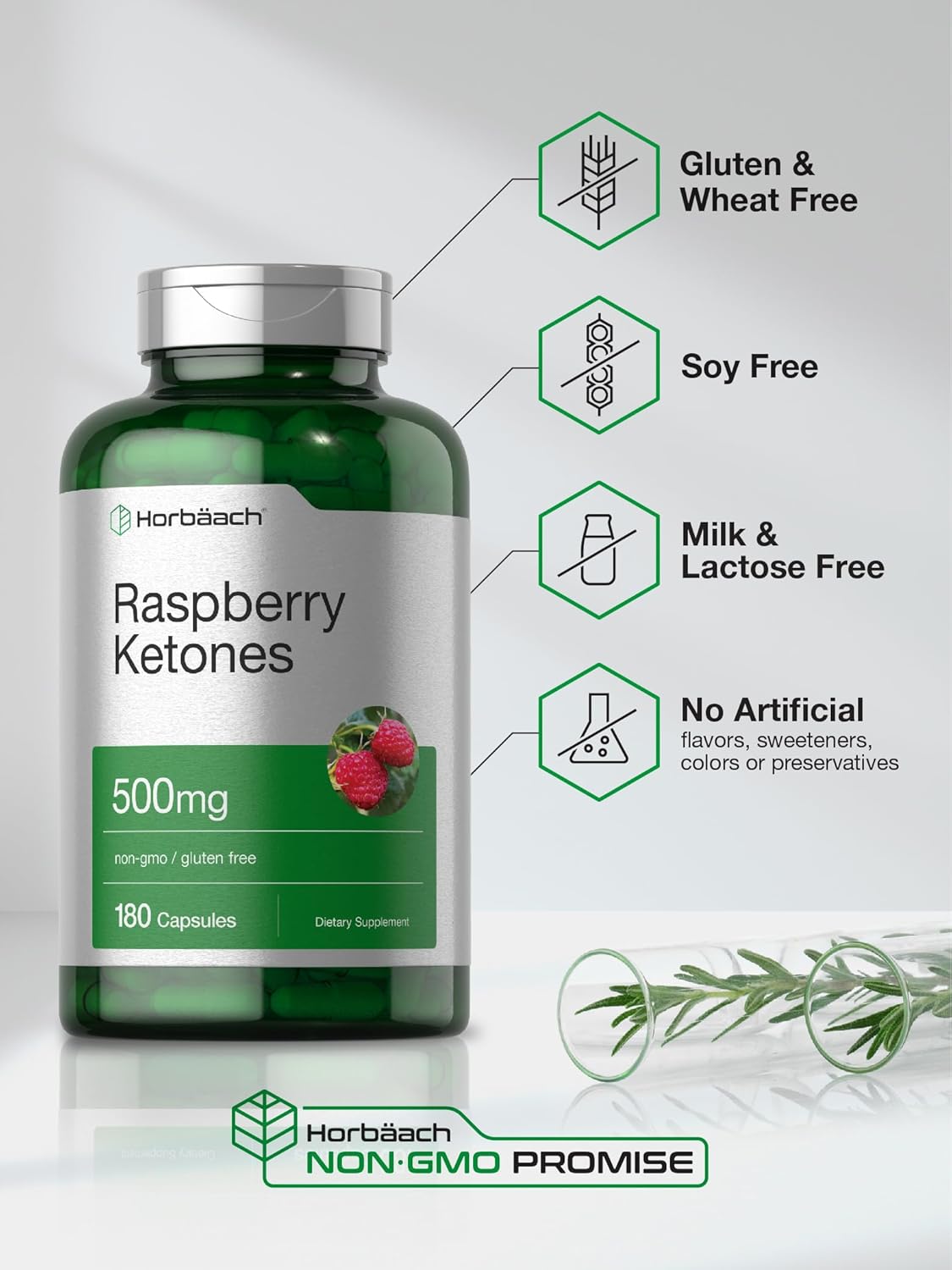 Horbäach Raspberry Ketones 500mg 180 Capsules Non-GMO Gluten Free Dietary Supplement