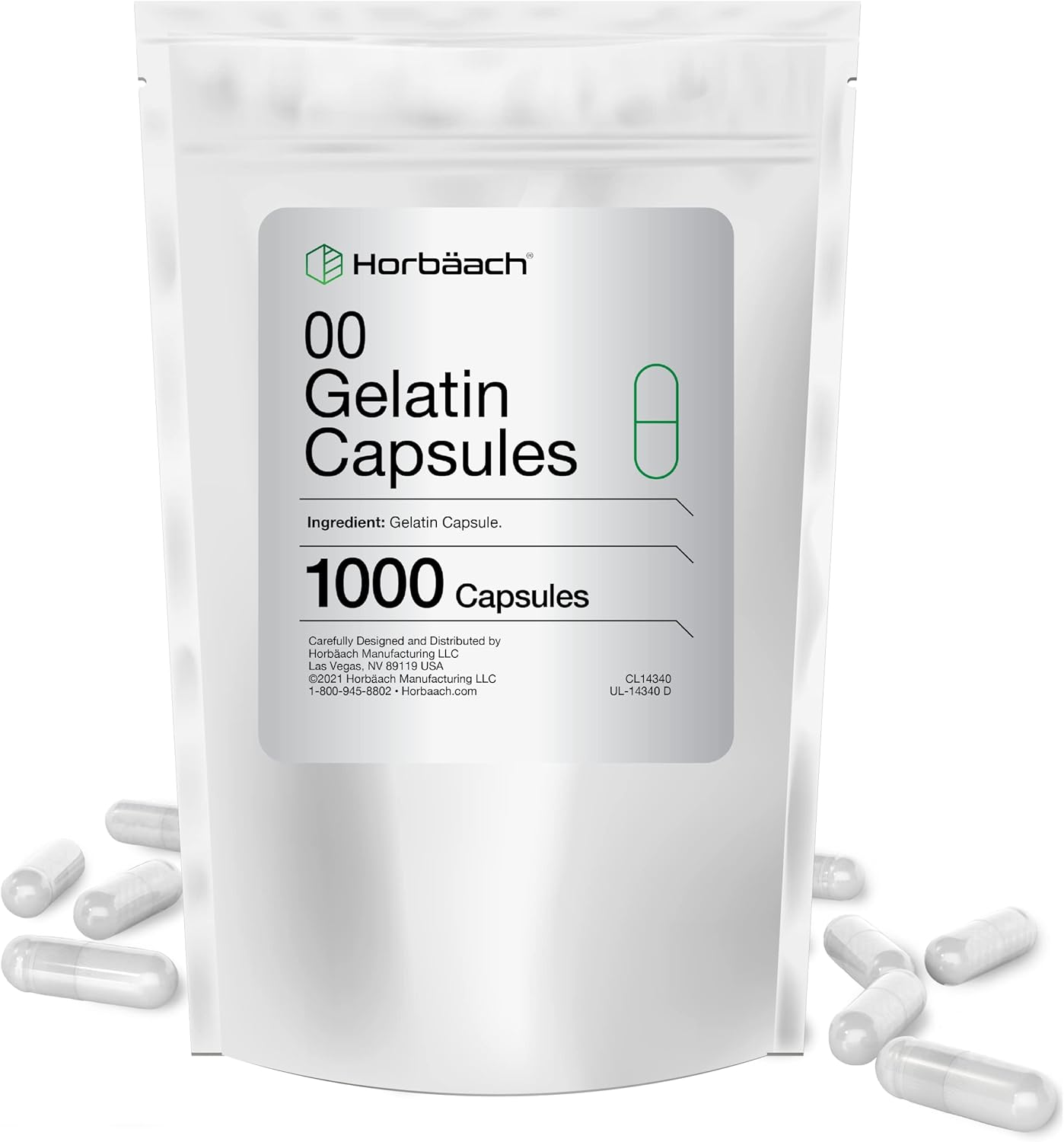 Horbäach Size 00 Clear Gelatin Capsules - 1000 Count, Non-GMO, Gluten Free - Resealable Bag