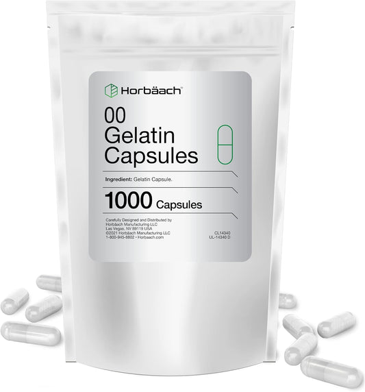 Horbäach Size 00 Clear Gelatin Capsules - 1000 Count, Non-GMO, Gluten Free - Resealable Bag
