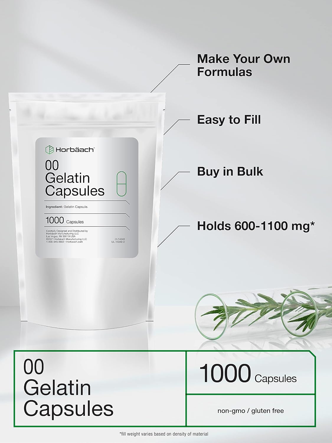 Horbäach Size 00 Clear Gelatin Capsules - 1000 Count, Non-GMO, Gluten Free - Resealable Bag