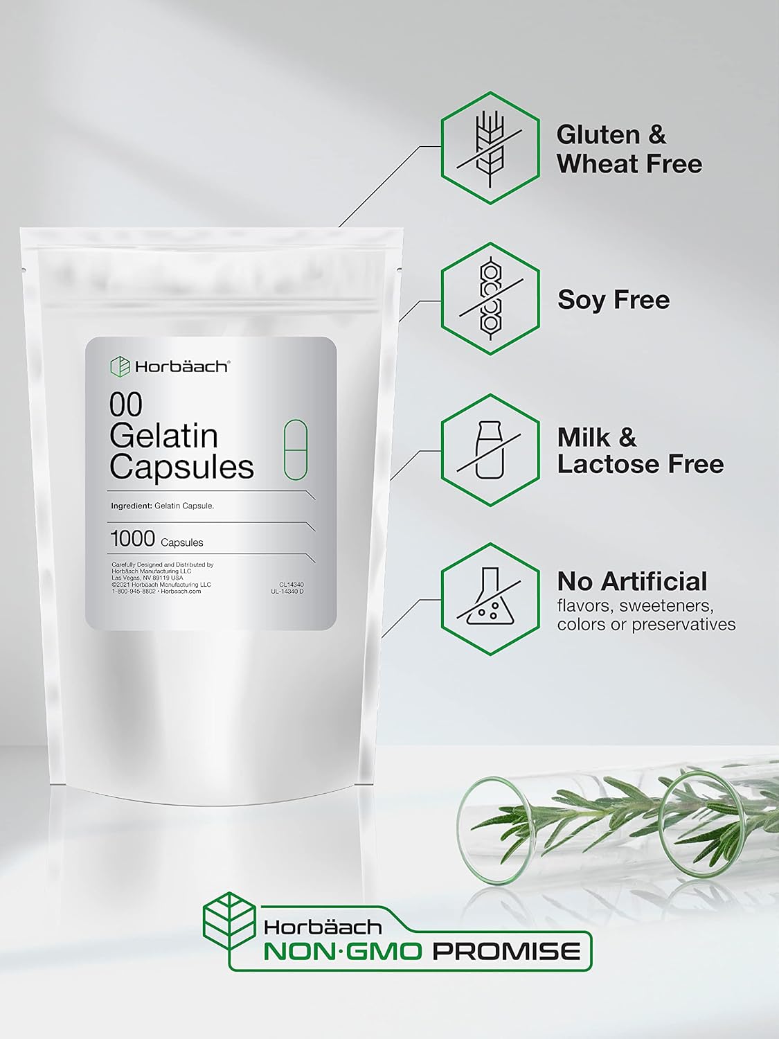 Horbäach Size 00 Clear Gelatin Capsules - 1000 Count, Non-GMO, Gluten Free - Resealable Bag