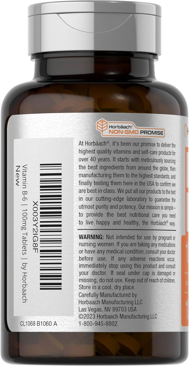 Horbäach Vitamin B-6 100mg: 120 Vegetarian Tablets with Pyridoxine HCl, Non-GMO & Gluten Free