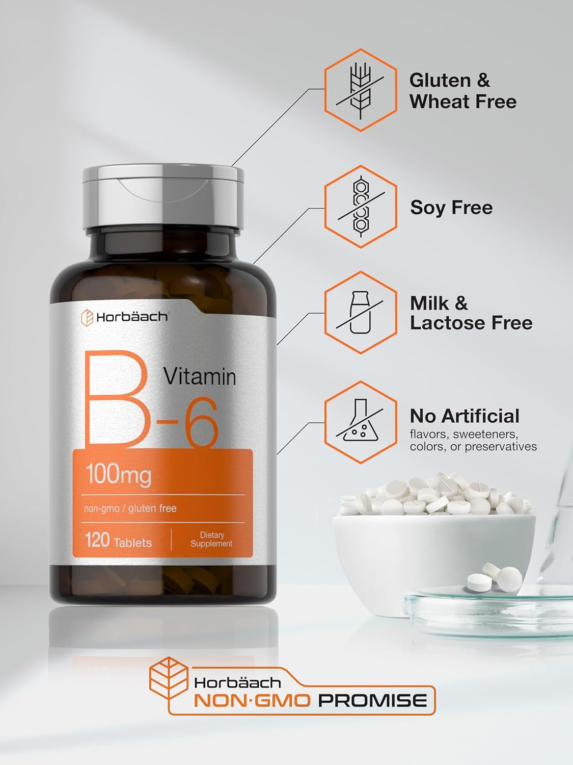 Horbäach Vitamin B-6 100mg: 120 Vegetarian Tablets with Pyridoxine HCl, Non-GMO & Gluten Free