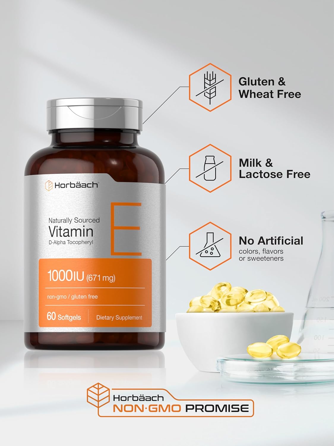 Horbäach Vitamin E Softgels 1000 iu | 671mg | 60 Count | Non-GMO & Gluten-Free D-Alpha Tocopherol Formula
