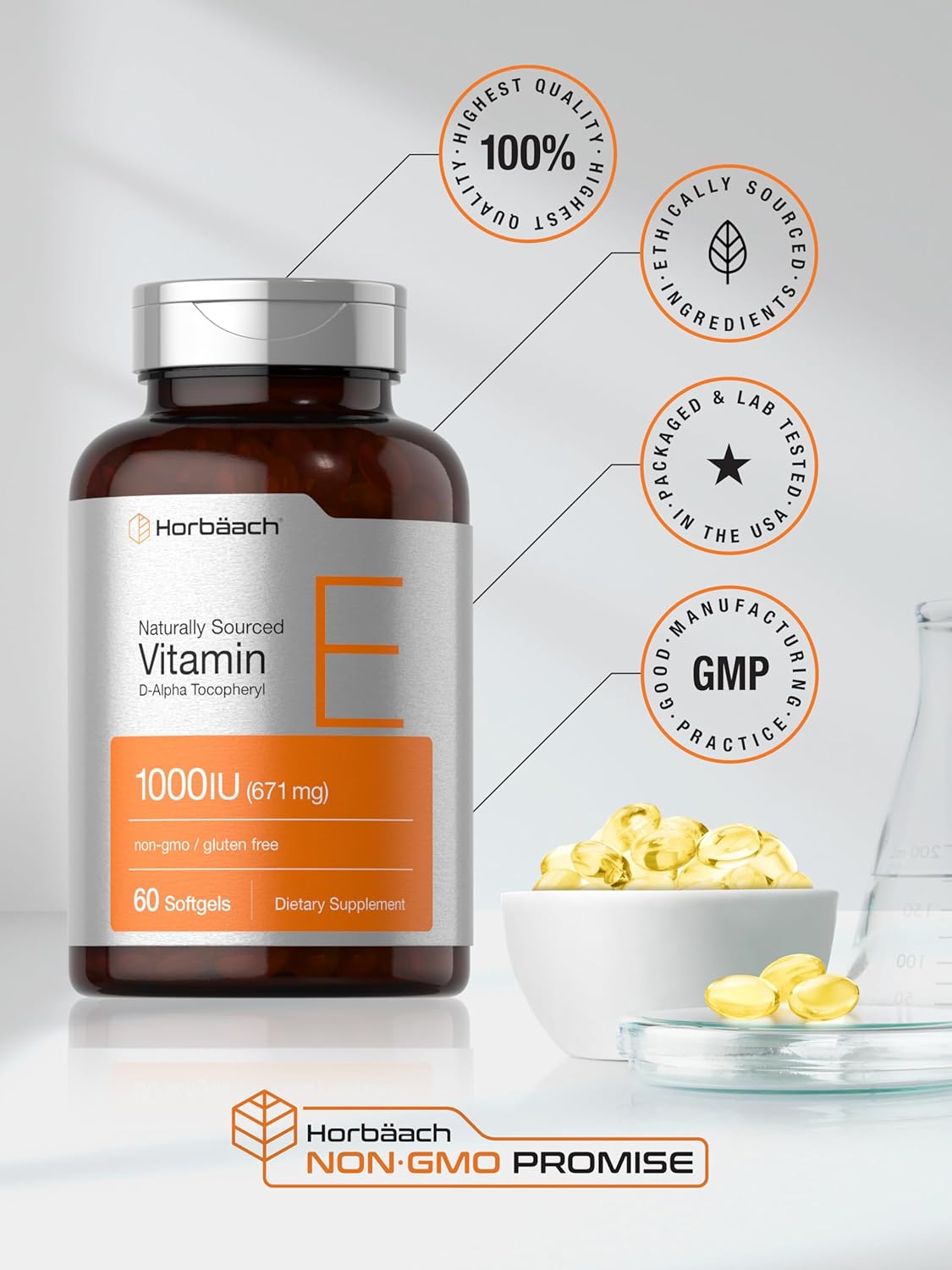 Horbäach Vitamin E Softgels 1000 iu | 671mg | 60 Count | Non-GMO & Gluten-Free D-Alpha Tocopherol Formula