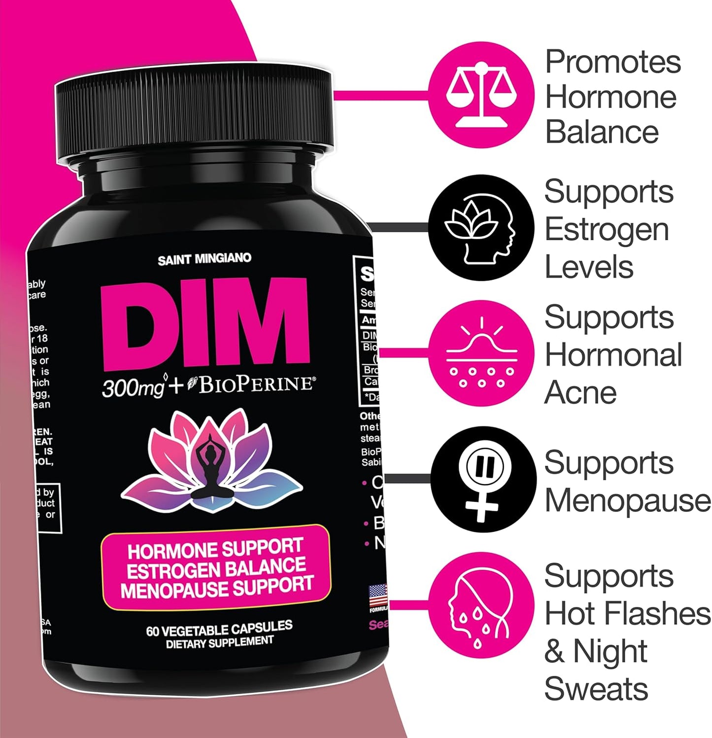 Hormone Balance for Women: DIM Supplement 300mg for Hot Flashes & Night Sweats - Menopause & Perimenopause Support - 60 Capsules