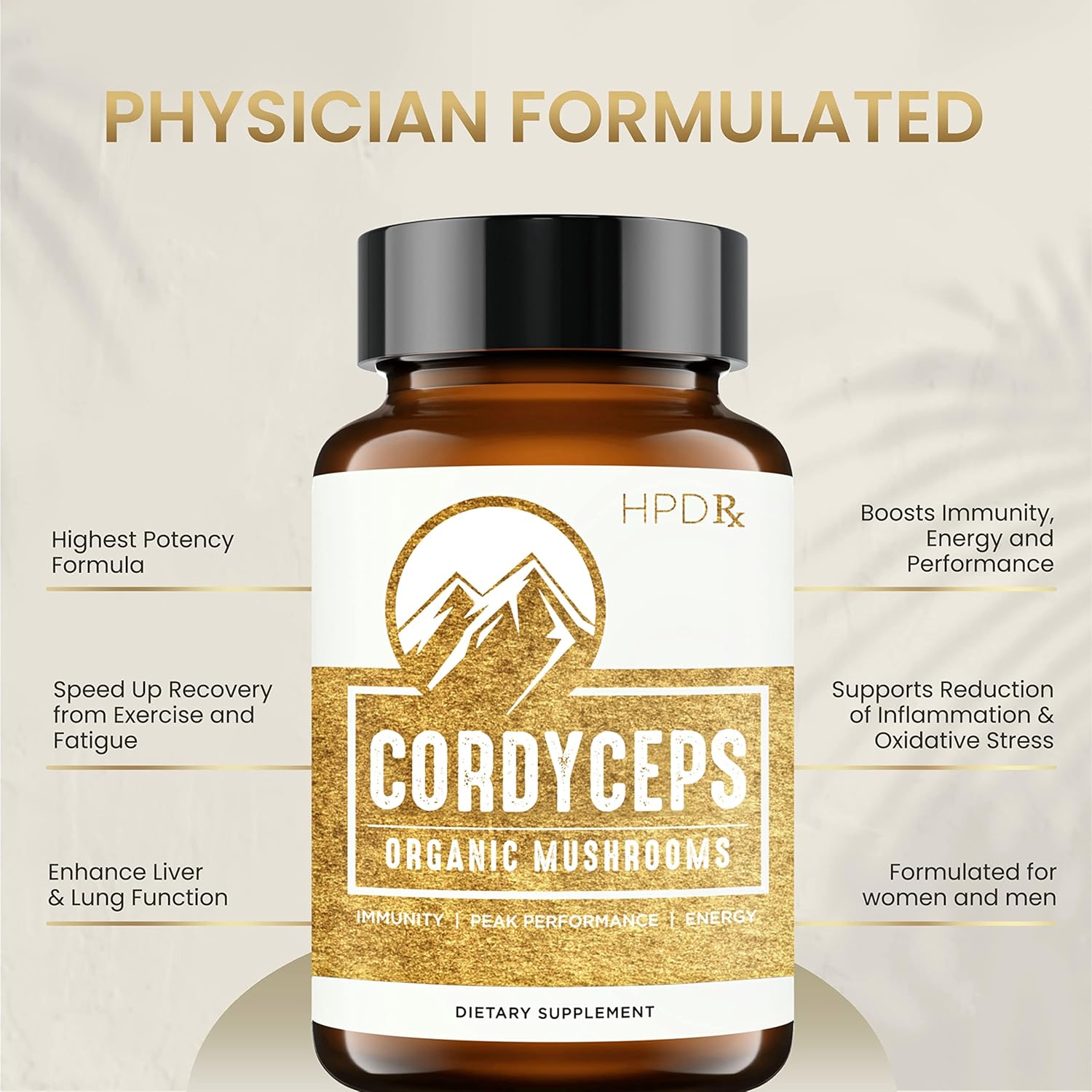 HPD Rx Premium Organic Cordyceps Mushroom Extract Supplement | Boost Energy, Endurance, & Immunity | 2250mg, 240 Capsules (2-Pack)