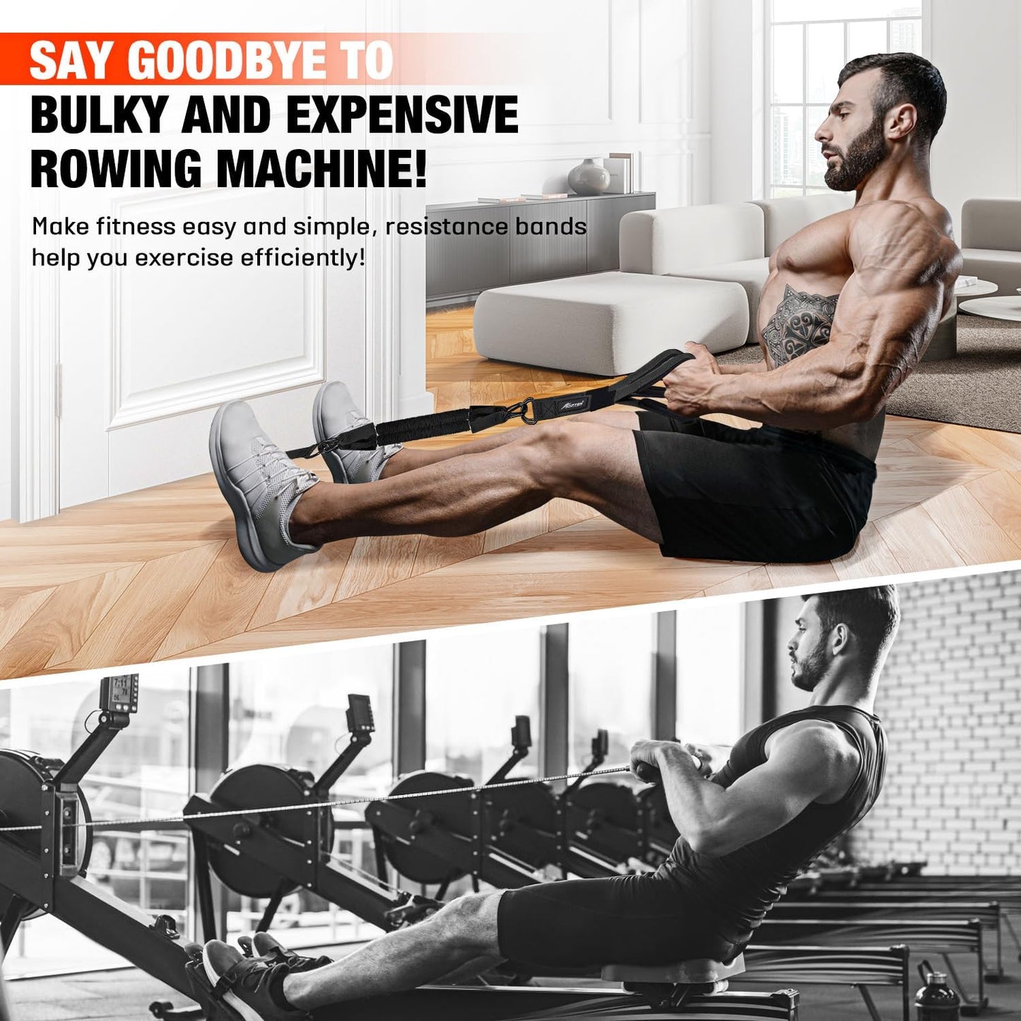 HPYGN Rowing Resistance Bands Set for Full Body Workout at Home Gym - Heavy Exercise Bands with Handles for Arms, Shoulders, Core, Back, Glutes, and Legs - Best Replacement for Rowing Machine