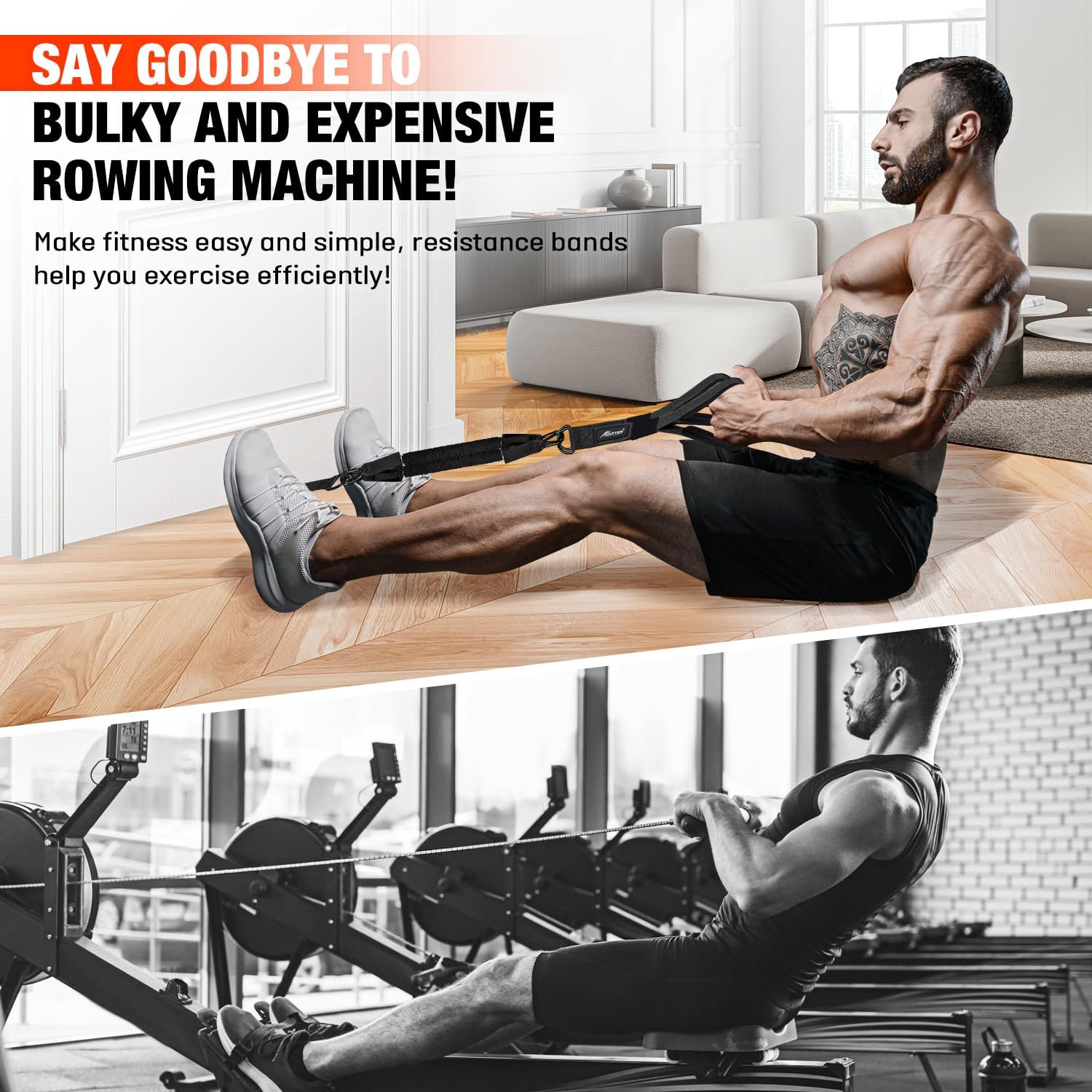 HPYGN Rowing Resistance Bands Set for Full Body Workout at Home Gym - Heavy Exercise Bands with Handles for Arms, Shoulders, Core, Back, Glutes, and Legs - Best Replacement for Rowing Machine