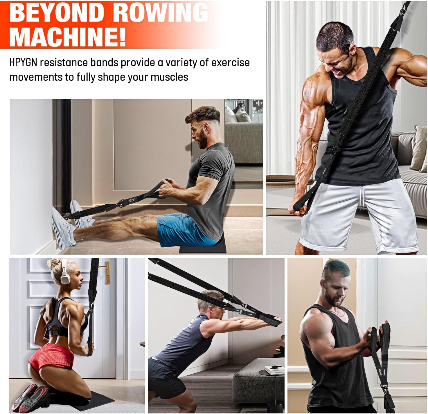 HPYGN Rowing Resistance Bands Set for Full Body Workout at Home Gym - Heavy Exercise Bands with Handles for Arms, Shoulders, Core, Back, Glutes, and Legs - Best Replacement for Rowing Machine