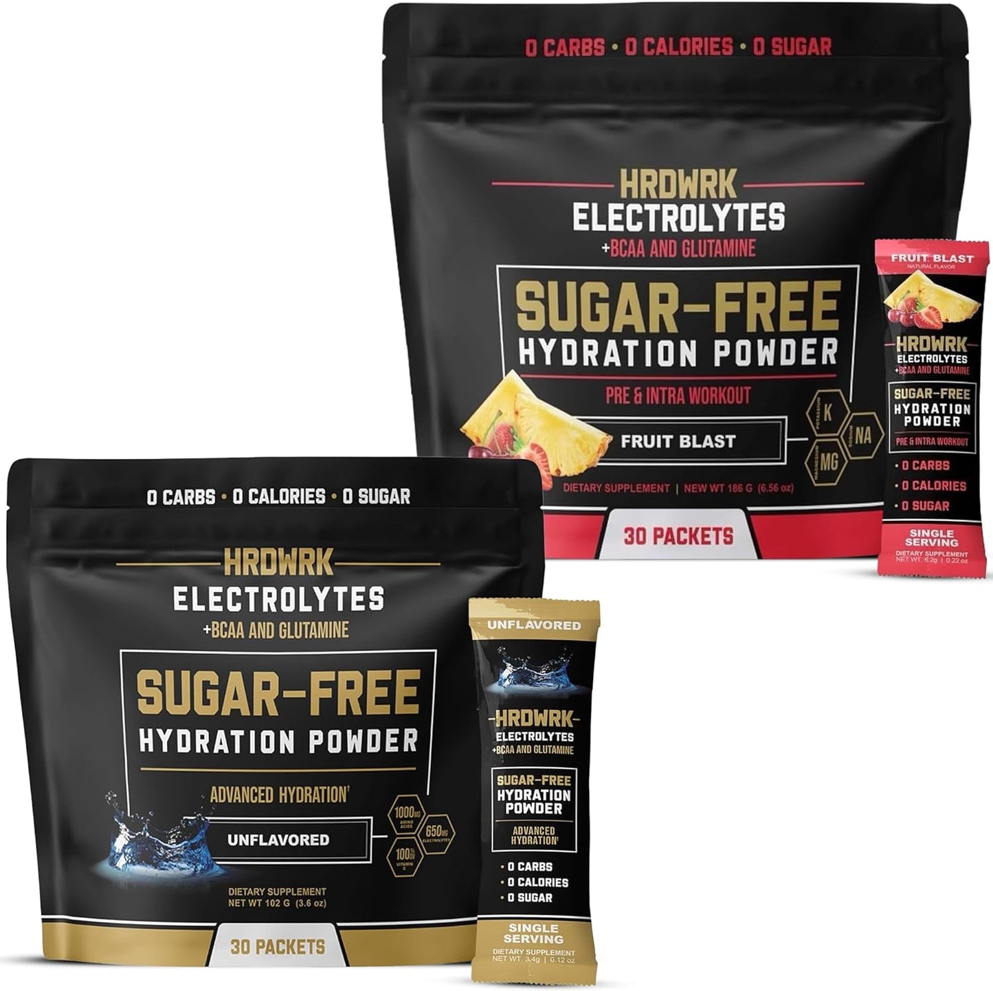 HRDWRK Electrolyte Variety Bundle Packets with Magnesium, Potassium, Sodium, BCAAs, and Glutamine - Keto Electrolytes Powder for Hydration, Sugar-Free, Unflavored & Fruit Blast (60 Count)