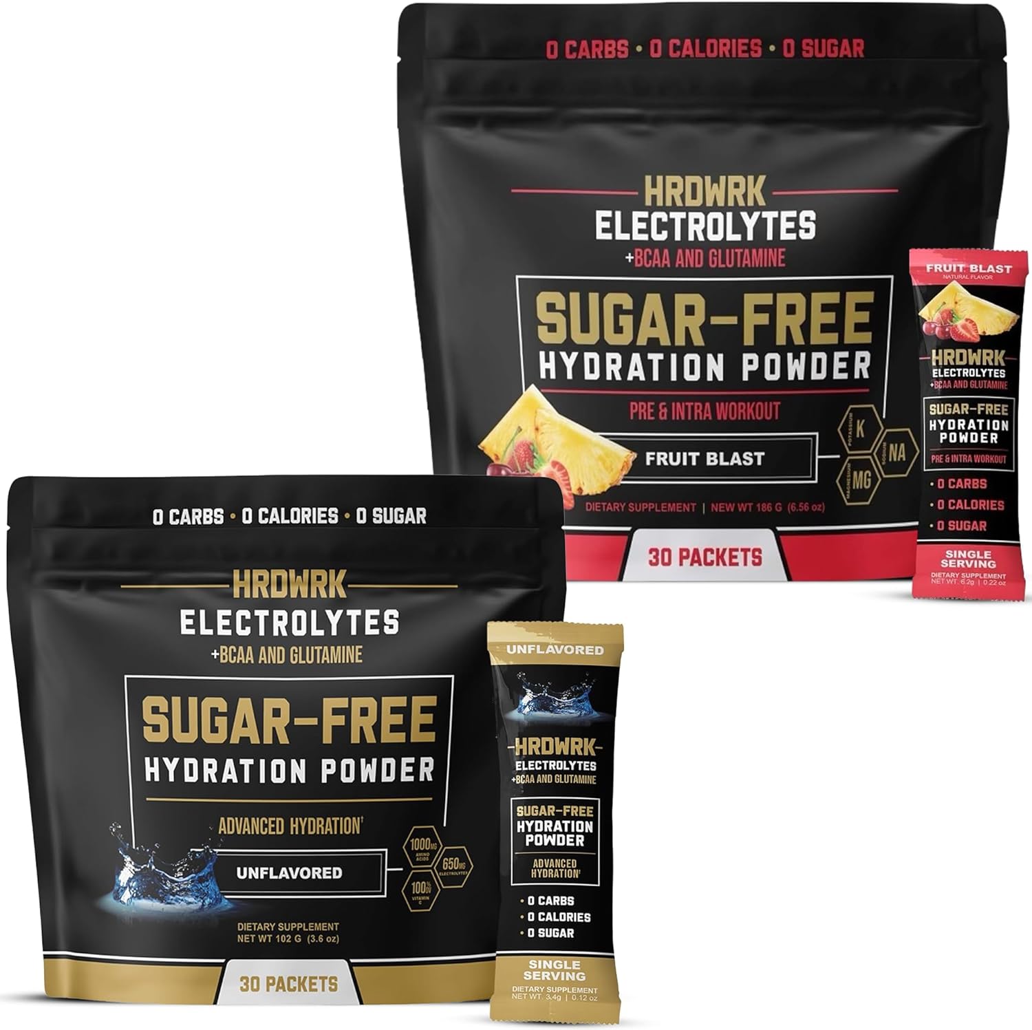 HRDWRK Electrolyte Variety Bundle Packets with Magnesium, Potassium, Sodium, BCAAs, and Glutamine - Keto Electrolytes Powder for Hydration, Sugar-Free, Unflavored & Fruit Blast (60 Count)