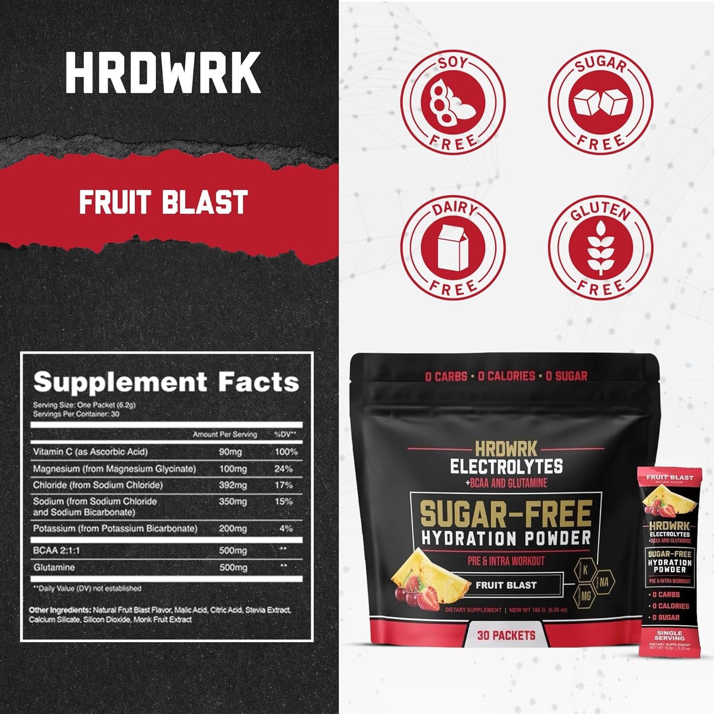 HRDWRK Electrolyte Variety Bundle Packets with Magnesium, Potassium, Sodium, BCAAs, and Glutamine - Keto Electrolytes Powder for Hydration, Sugar-Free, Unflavored & Fruit Blast (60 Count)
