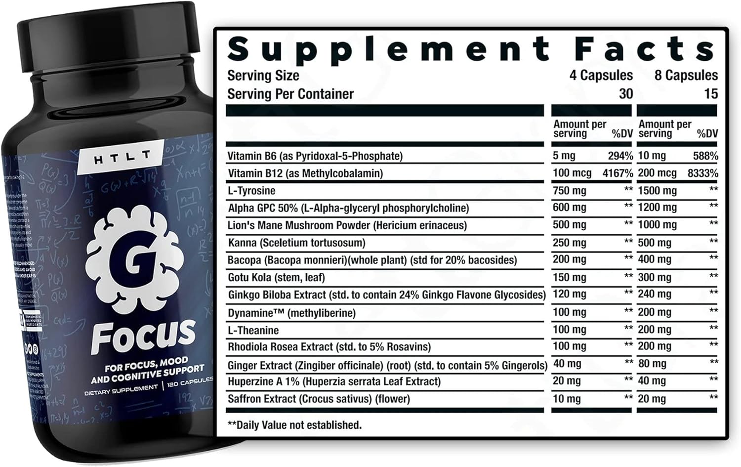 HTLT Supps G Focus Capsules | Cognitive Support & Mood Enhancement | Alpha GPC, Rhodiola Rosea, Lion’s Mane, Gotu Kola, Ginkgo Biloba, Huperzine A | 120 Count