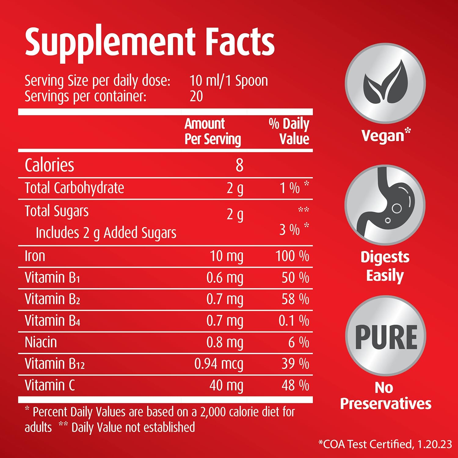Hubner Iron Vital Liquid: Vegan Iron Supplement with Vitamin C for Adults & Kids, Gluten-Free, Fruit Flavor - 20 Packets, 10ml Each