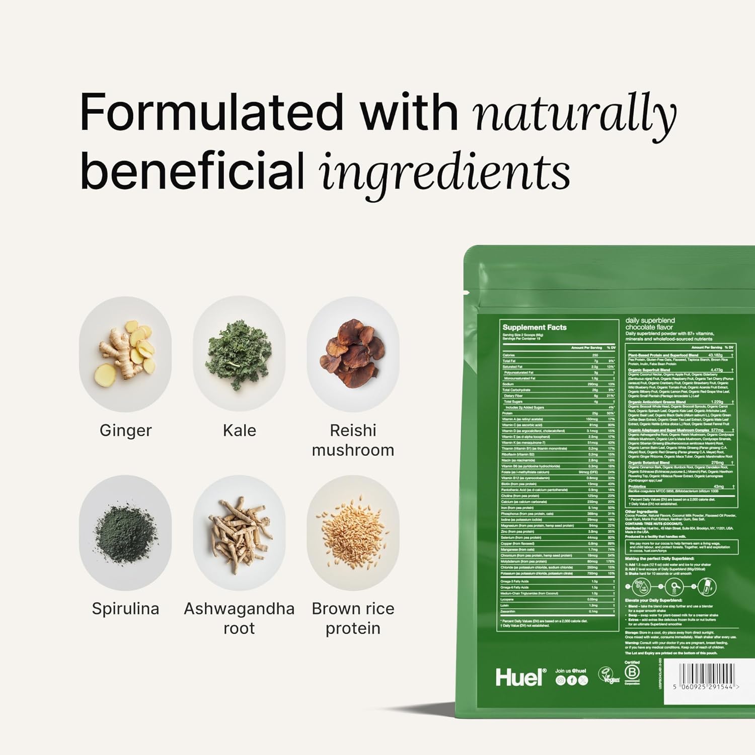 Huel Chocolate Daily Superblend Powder with 25g Protein | Super Greens & 87 Nutrients | Plant-Based | 19 Servings
