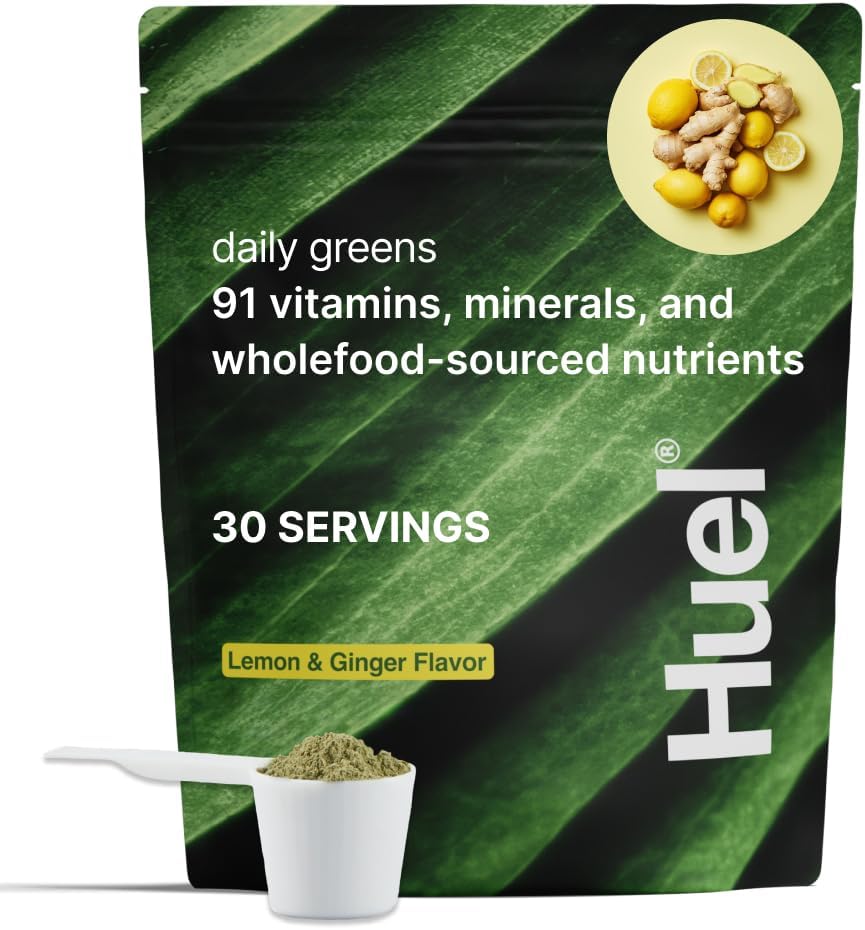 Huel Daily Greens Lemon & Ginger Superfood Powder with Adaptogens, Antioxidants, and Probiotics - 30 Servings