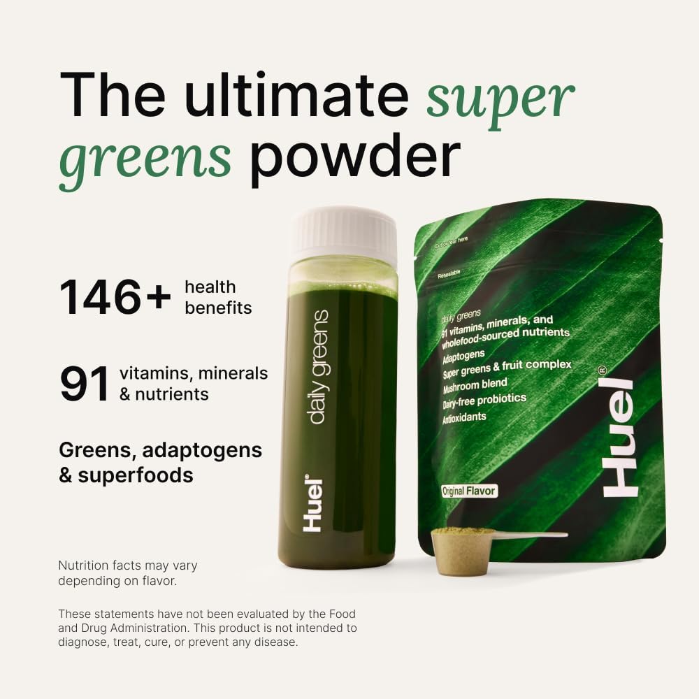 Huel Daily Greens Lemon & Ginger Superfood Powder with Adaptogens, Antioxidants, and Probiotics - 30 Servings