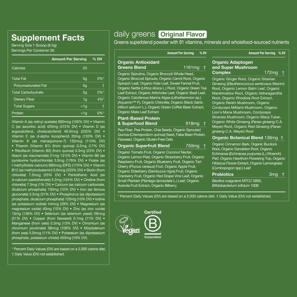 Huel Daily Greens Lemon & Ginger Superfood Powder with Adaptogens, Antioxidants, and Probiotics - 30 Servings