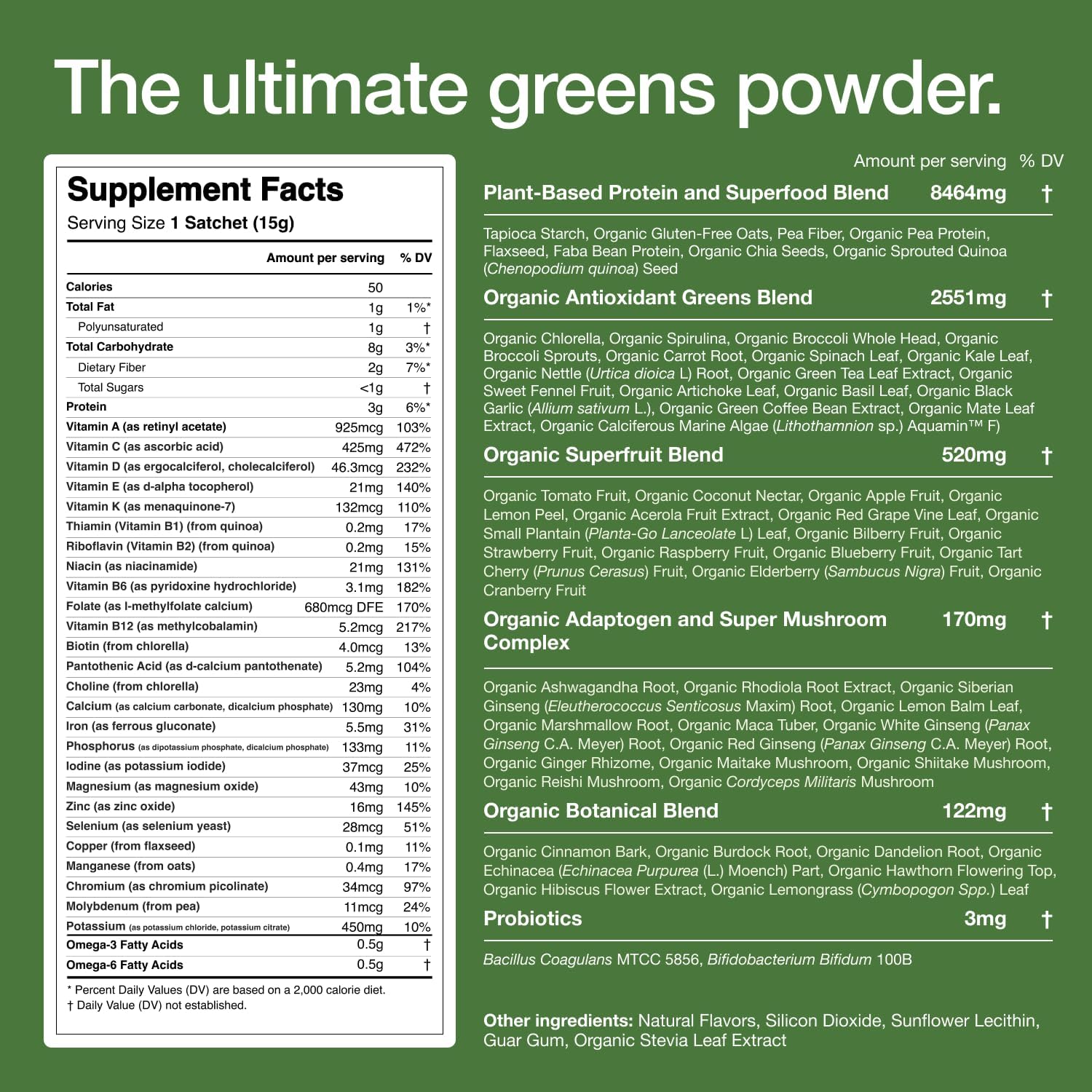 Huel Daily Greens Superfood Powder Pack - 91 Vitamins, Minerals, and Wholefood Ingredients - Adaptogens, Antioxidants, Probiotics - 12 Servings