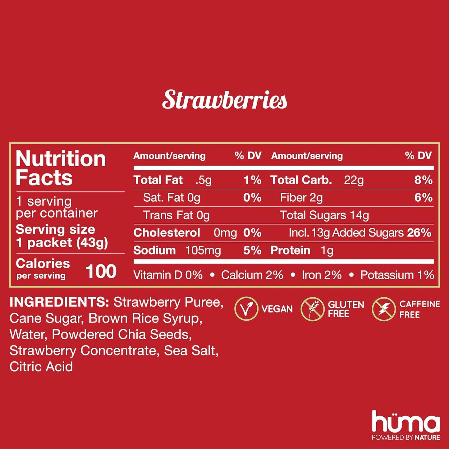 Huma Chia Energy Gel - Strawberries Flavor, 12 Pack - Top Sports Nutrition for Endurance Activities
