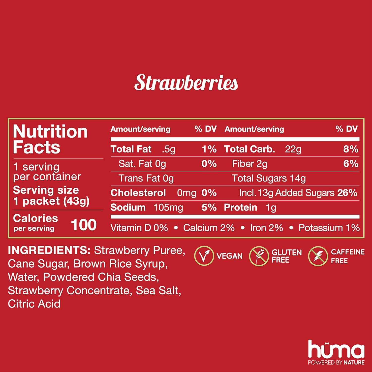 Huma Chia Energy Gel - Strawberries Flavor, 12 Pack - Top Sports Nutrition for Endurance Activities