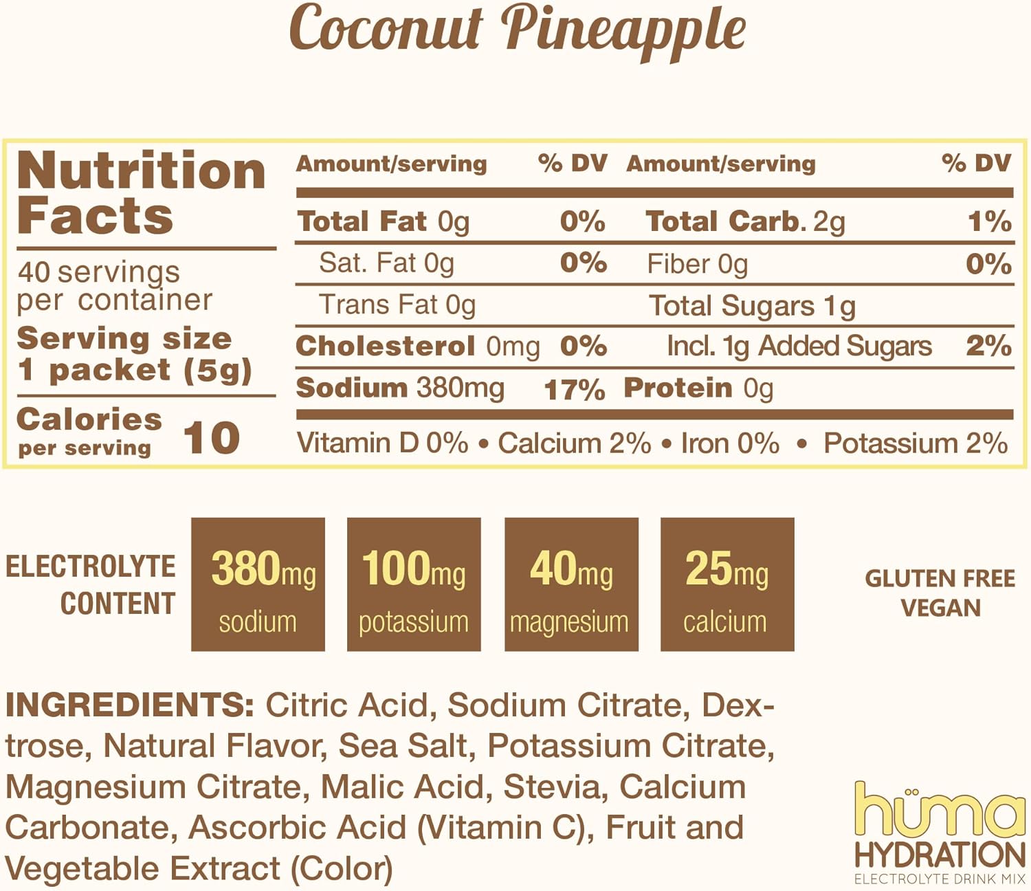 HUMA CHIA Energy Gel Hydration Drink Mix, Coconut Pineapple Flavor - 40 Servings, Low Calorie Electrolyte Powder - Natural Ingredients, 1g Sugar, 10 Calories