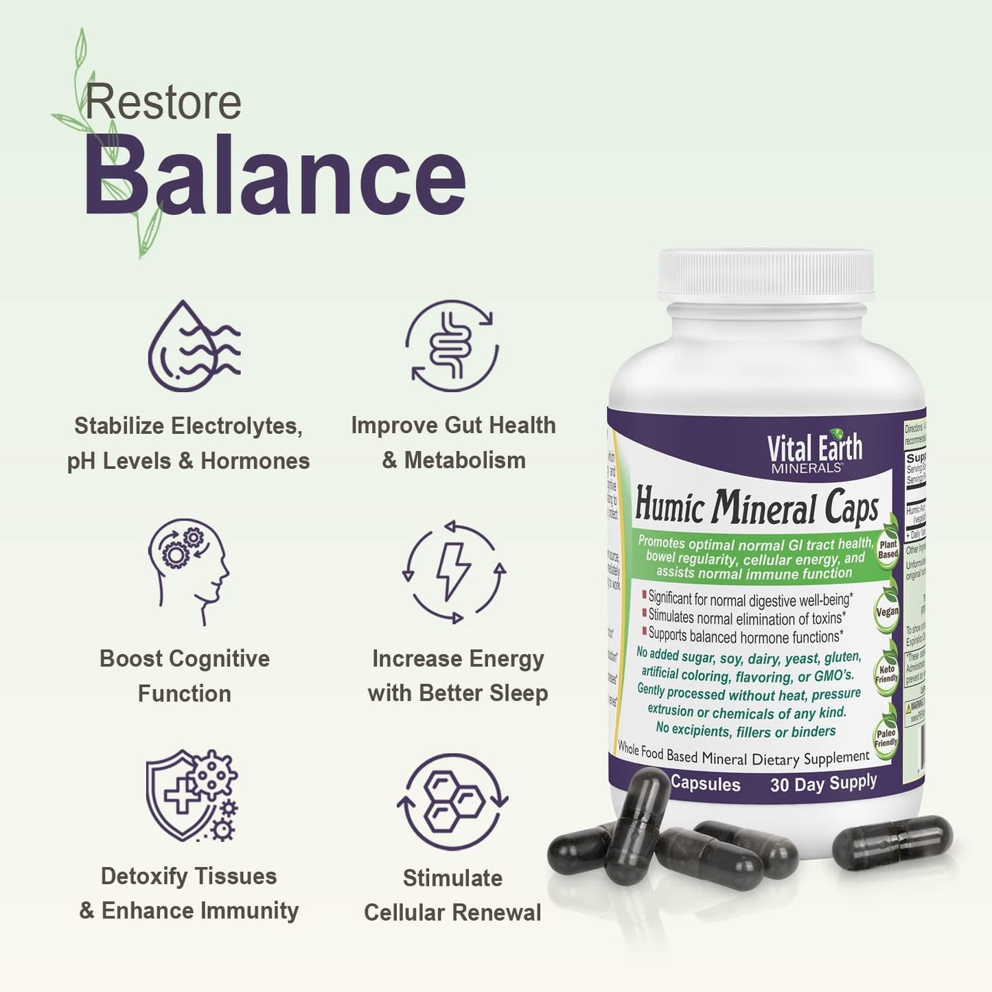 Humic Minerals Capsules - Alkalizing Mineral Supplement with 70+ Trace Minerals and Fulvic Acid for Detox and Gut Health, 120 Count