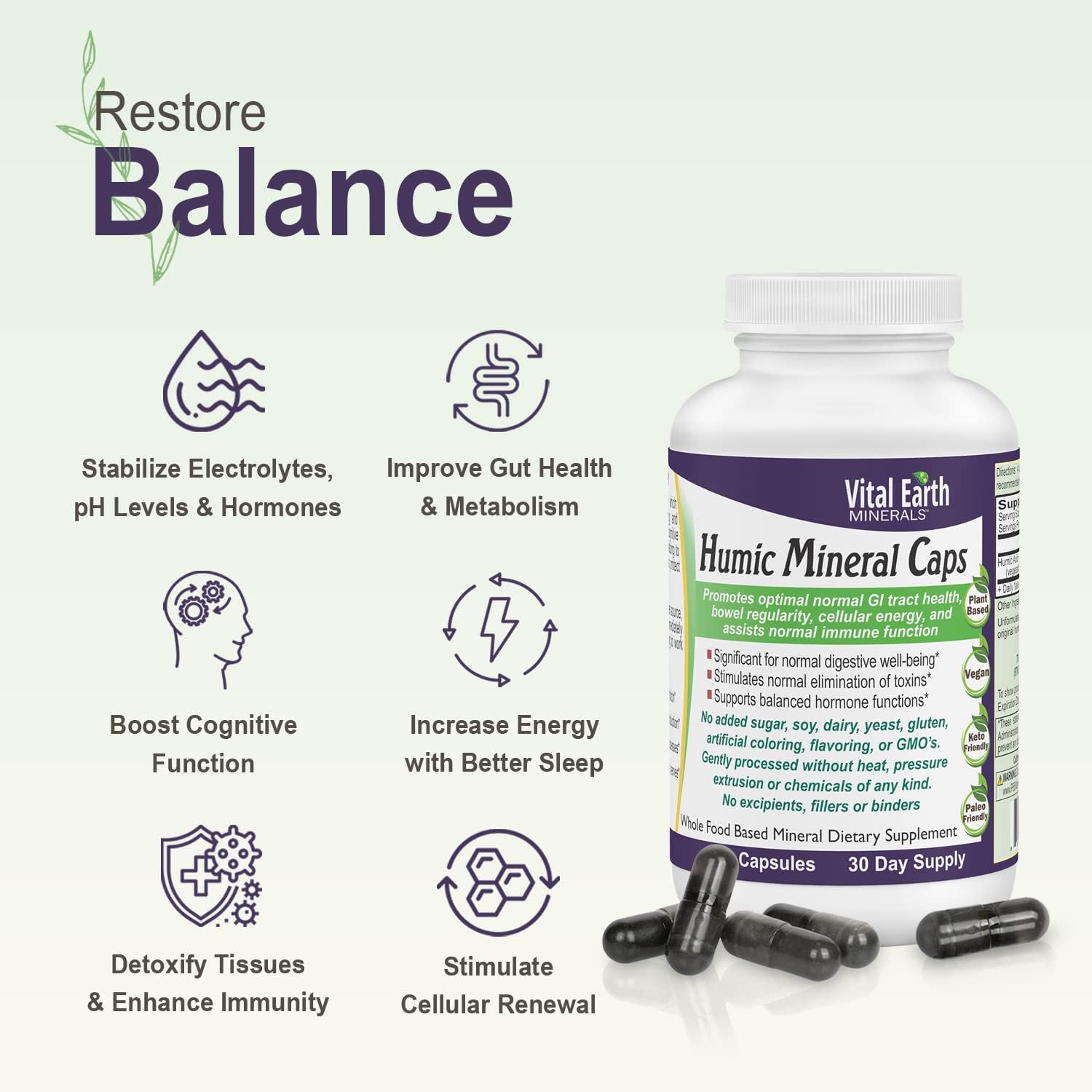 Humic Minerals Capsules - Alkalizing Mineral Supplement with 70+ Trace Minerals and Fulvic Acid for Detox and Gut Health, 120 Count