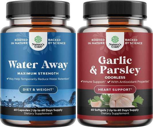 Huntington Labs Water Away Pills Bundle for Bloating Relief & Garlic Supplement for Immune Support - Maximum Strength Formula