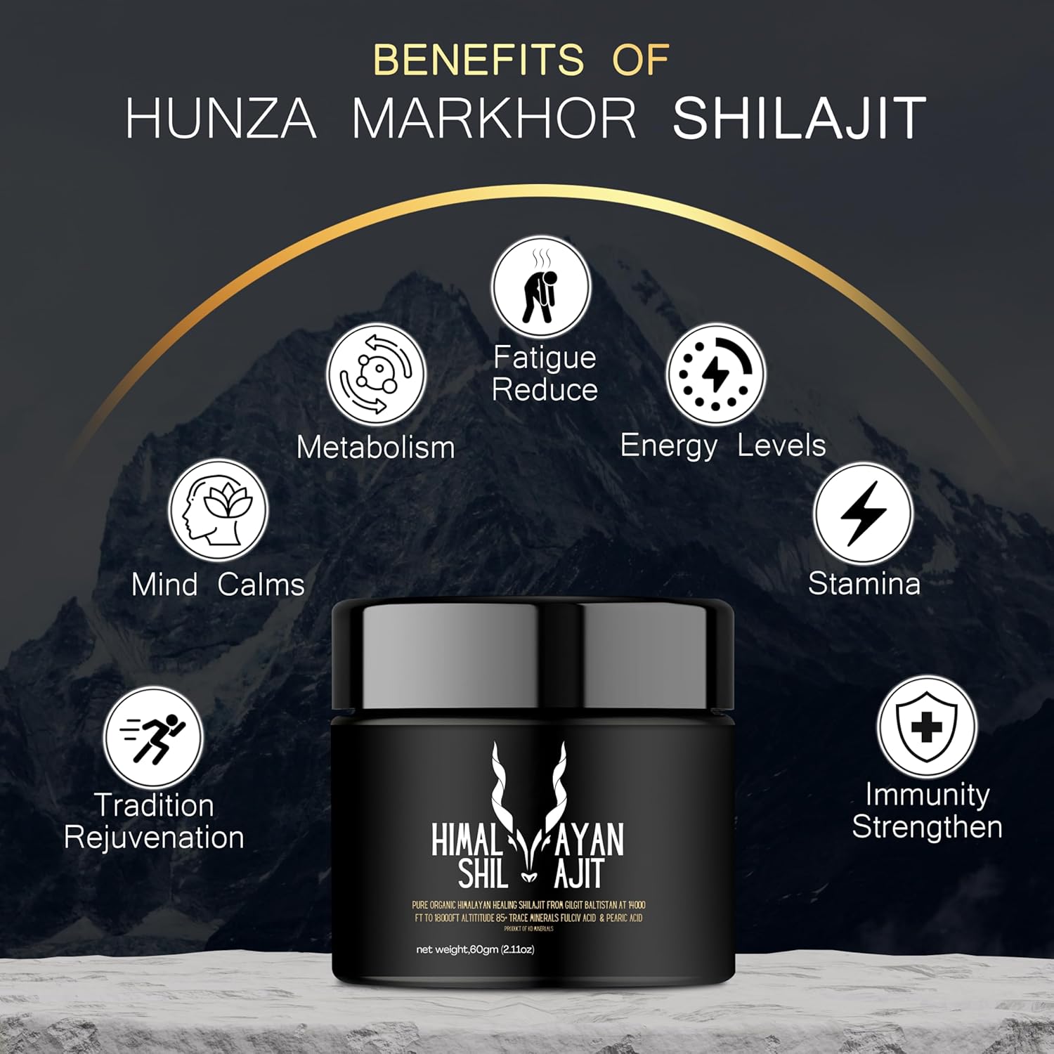 Hunza Markhor Shilajit Resin - 600mg Maximum Potency Organic Himalayan Shilajit with 85+ Trace Minerals & Fulvic Acid for Energy and Immune Support - 40g