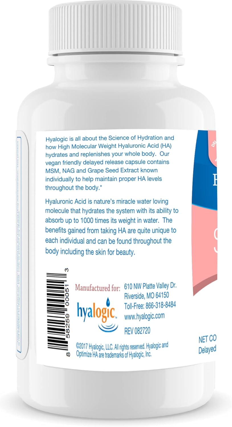 Hyalogic 120 Mg Hyaluronic Acid Delayed-Release Capsules - Skin & Body Health Supplement with Glucosamine MSM, Grape Seed Extract - Vegan & Non-GMO Dietary Supplement (30 Count)