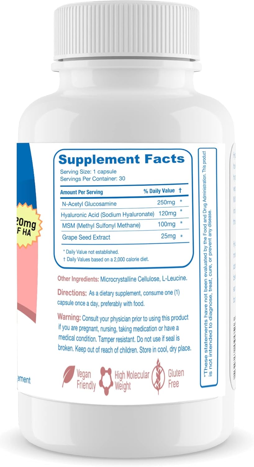 Hyalogic 120 Mg Hyaluronic Acid Delayed-Release Capsules - Skin & Body Health Supplement with Glucosamine MSM, Grape Seed Extract - Vegan & Non-GMO Dietary Supplement (30 Count)