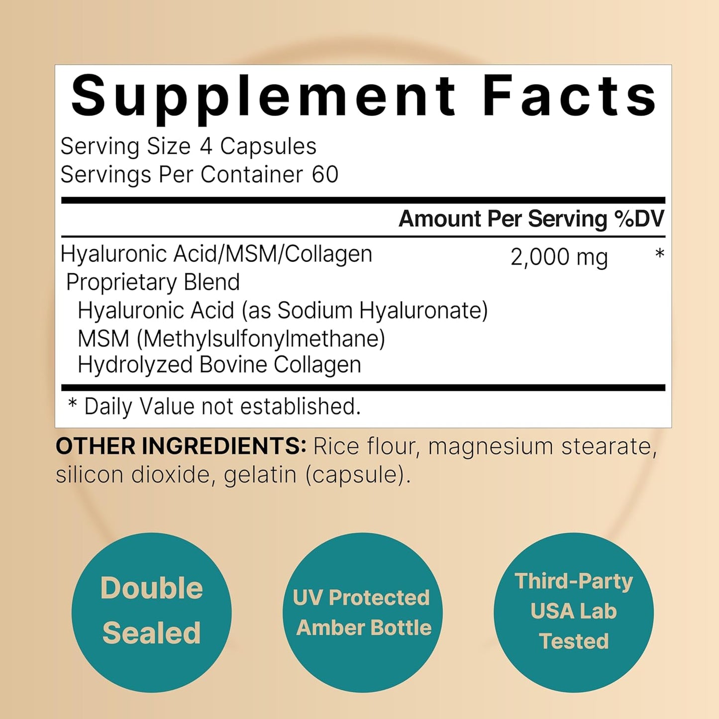 Hyaluronic Acid Supplements 2,000 mg with MSM & Collagen - 3 in 1 Support for Skin, Joints, Hair, and Eyes - 240 Capsules