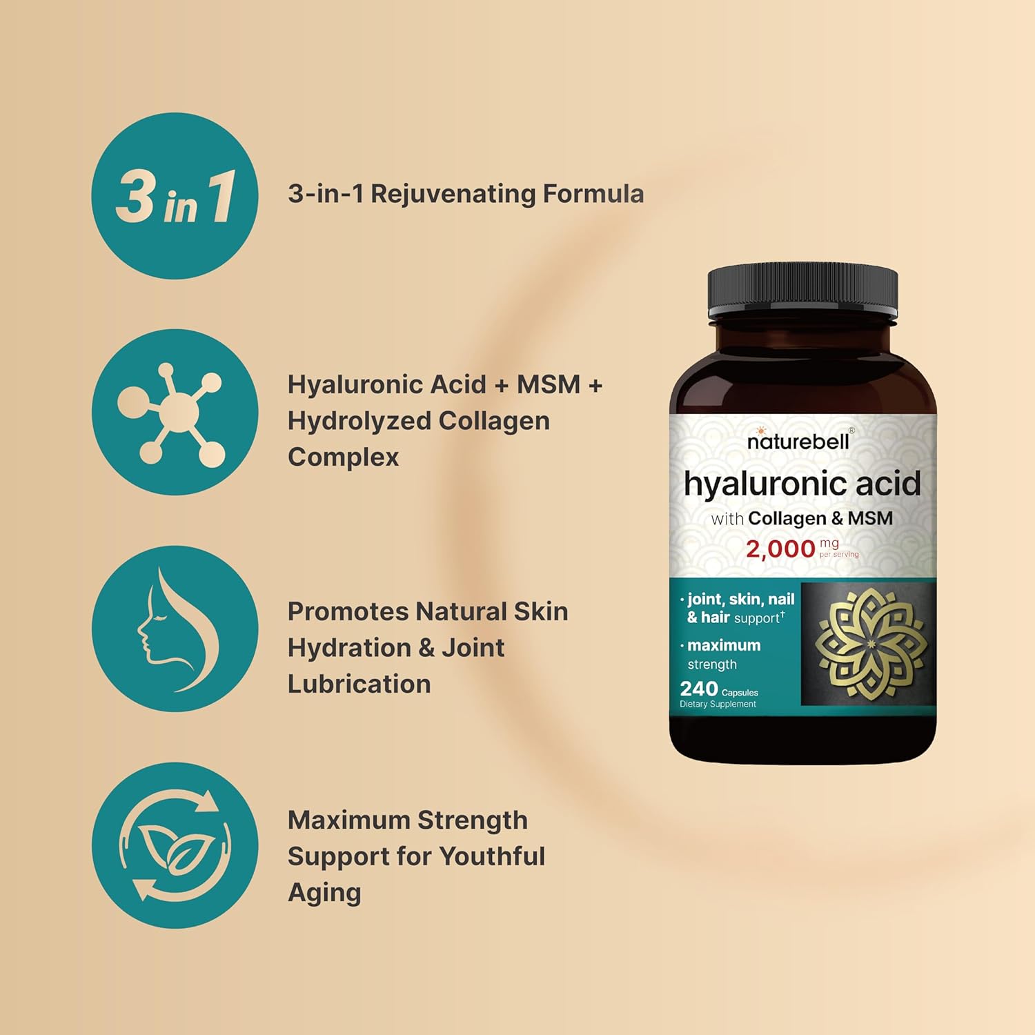 Hyaluronic Acid Supplements 2,000 mg with MSM & Collagen - 3 in 1 Support for Skin, Joints, Hair, and Eyes - 240 Capsules