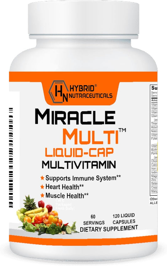 Hybrid Nutraceuticals MiracleMulti Liquid Multivitamin Capsules for Men & Women - Whole Food Blend with CoQ10, B12, 42 Superfood Enzymes - 120 Softgels
