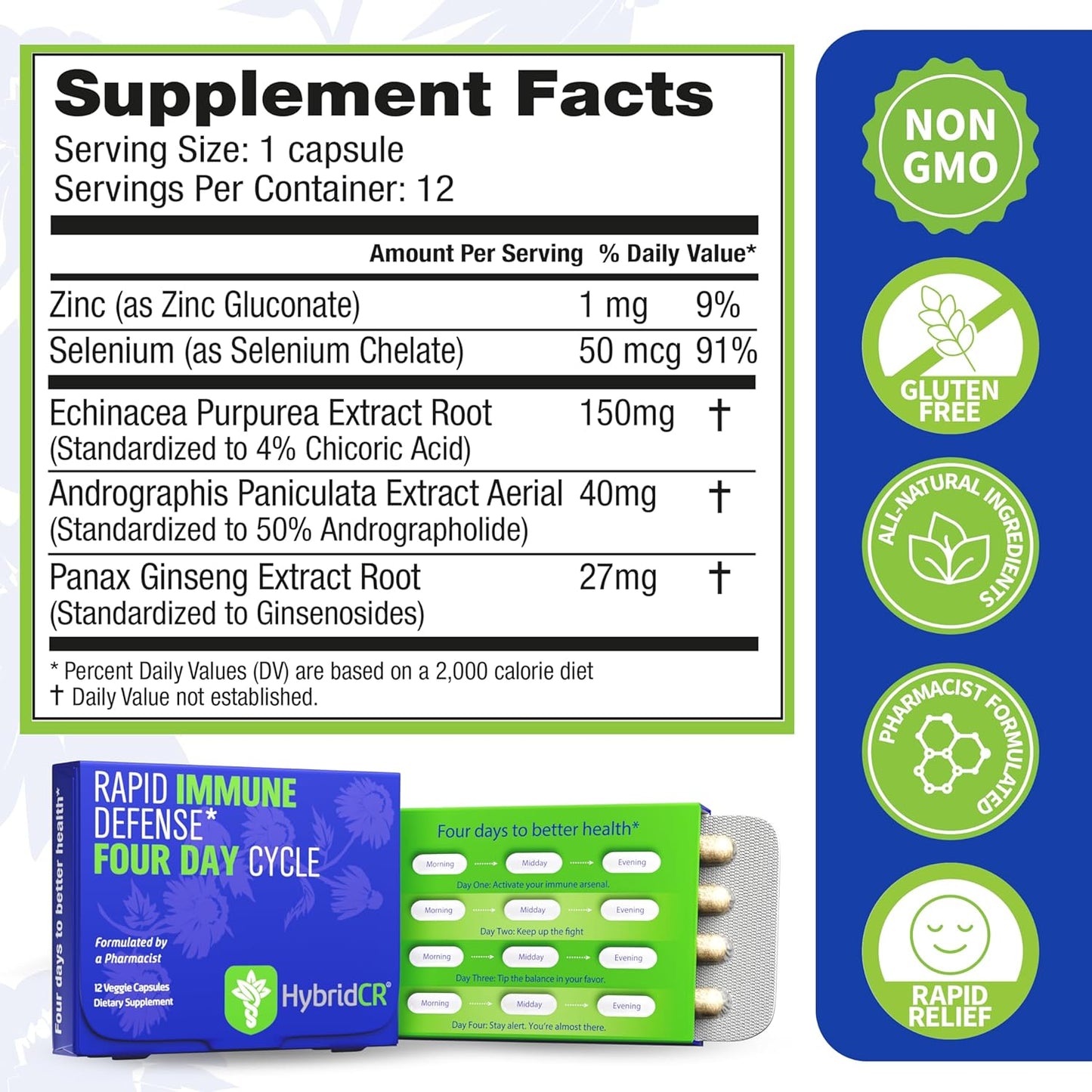 HybridCR Rapid Immune Support Supplement with Echinacea, Ginseng, Andrographis, Zinc, Selenium - 4 Day Immunity Boost - Travel Size System Support - 24 Capsules - 2 Dose Packs