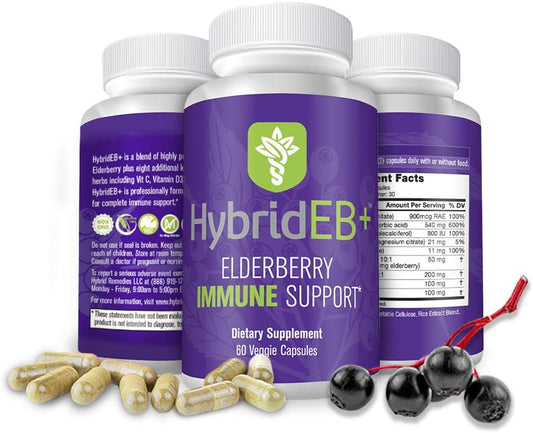 HybridEB Sambucus Elderberry Immune Support Capsules with Vitamin C, Zinc, D3, Garlic, and Oregano - Antioxidant Supplement for Adults - 60 Count