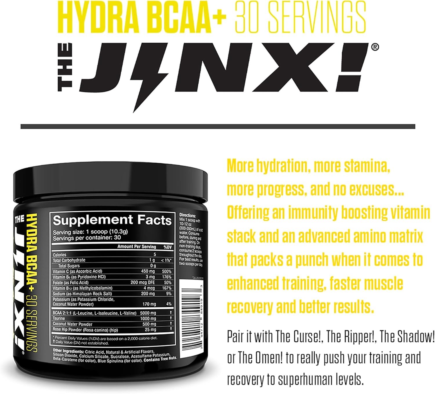 Hydra BCAA+ Post Workout Recovery Drink by JNX SPORTS - Hydration with Electrolytes for Men & Women - 30 Servings, Lemon Lime Flavor