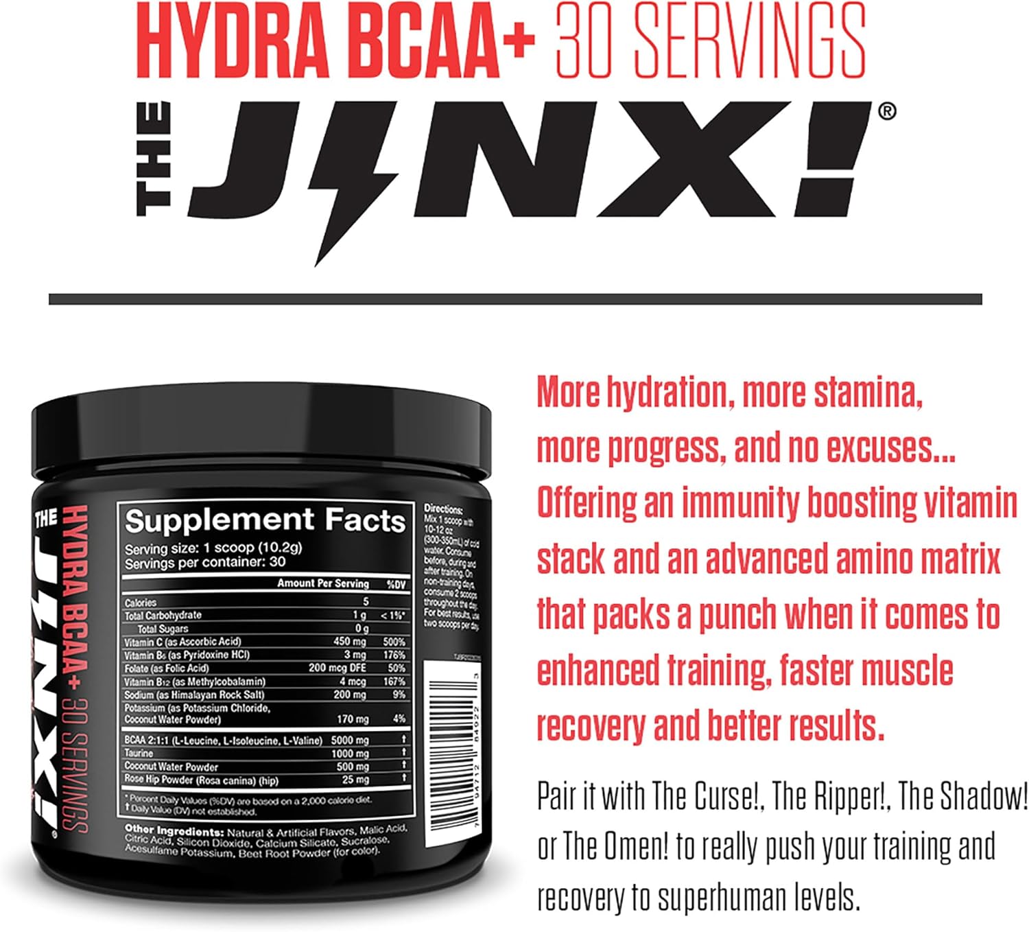 Hydra BCAA+ Post Workout Recovery Drink by JNX SPORTS - Hydration & Electrolytes for Men & Women - Watermelon Flavor, 30 Servings