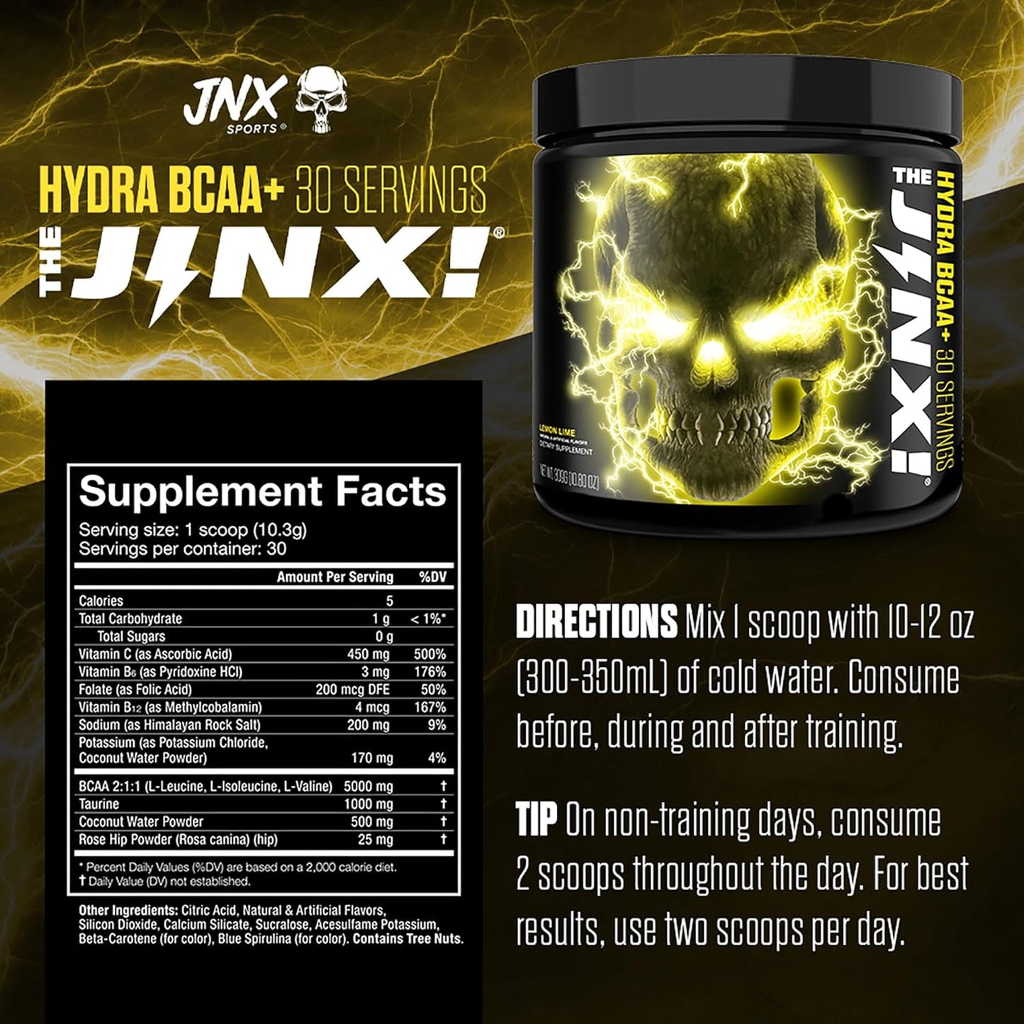 Hydra BCAA+ Post Workout Recovery Drink by JNX SPORTS - Hydration with Electrolytes for Men & Women - 30 Servings, Lemon Lime Flavor