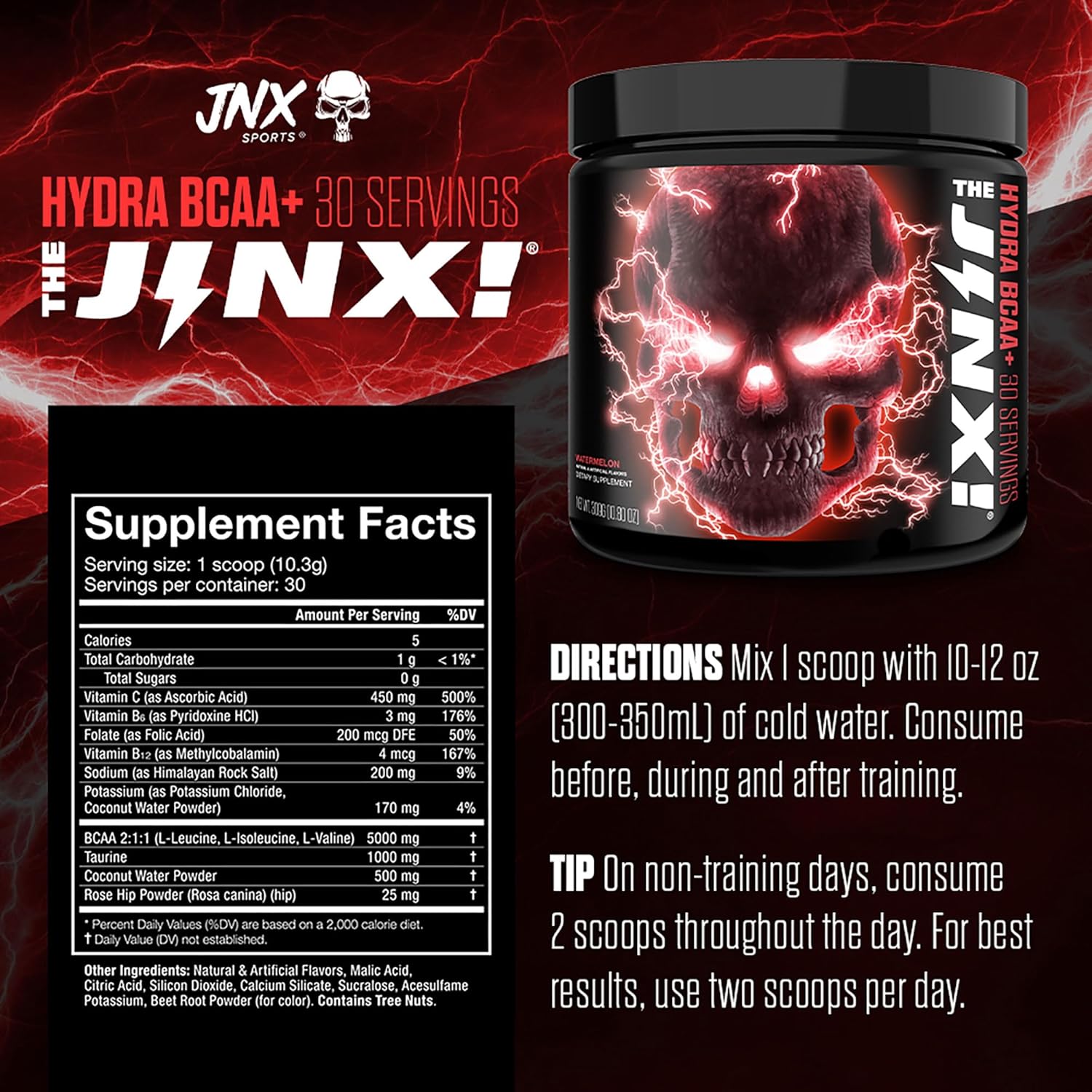 Hydra BCAA+ Post Workout Recovery Drink by JNX SPORTS - Hydration & Electrolytes for Men & Women - Watermelon Flavor, 30 Servings