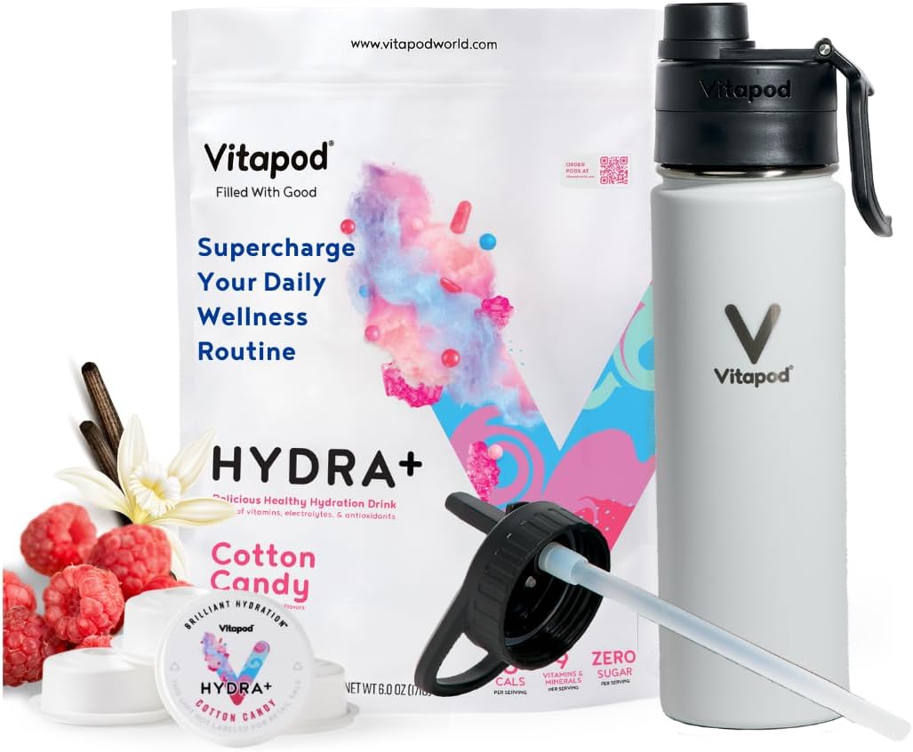 Hydra+ Cotton Candy Water Enhancer Pods Bundle with Vitamins, Sugar Free, 30 Pods + 22 oz Stainless Steel Bottle