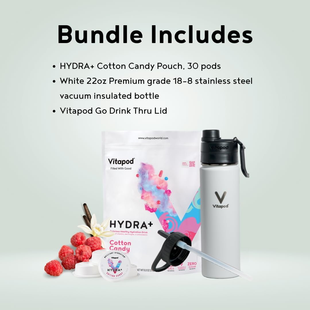 Hydra+ Cotton Candy Water Enhancer Pods Bundle with Vitamins, Sugar Free, 30 Pods + 22 oz Stainless Steel Bottle