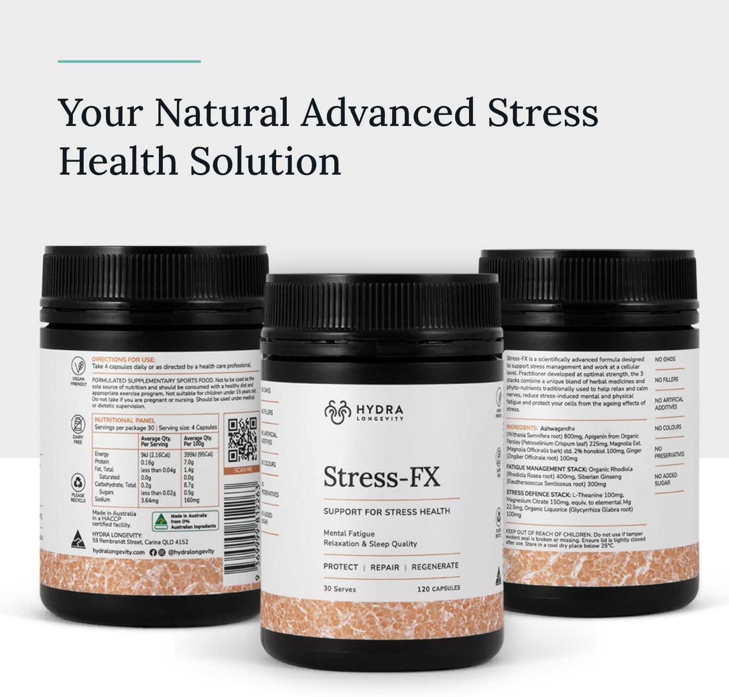 Hydra Longevity Stress-FX: Adaptogen Stress & Mood Support Supplement, Ashwagandha & L-Theanine, 120 Capsules