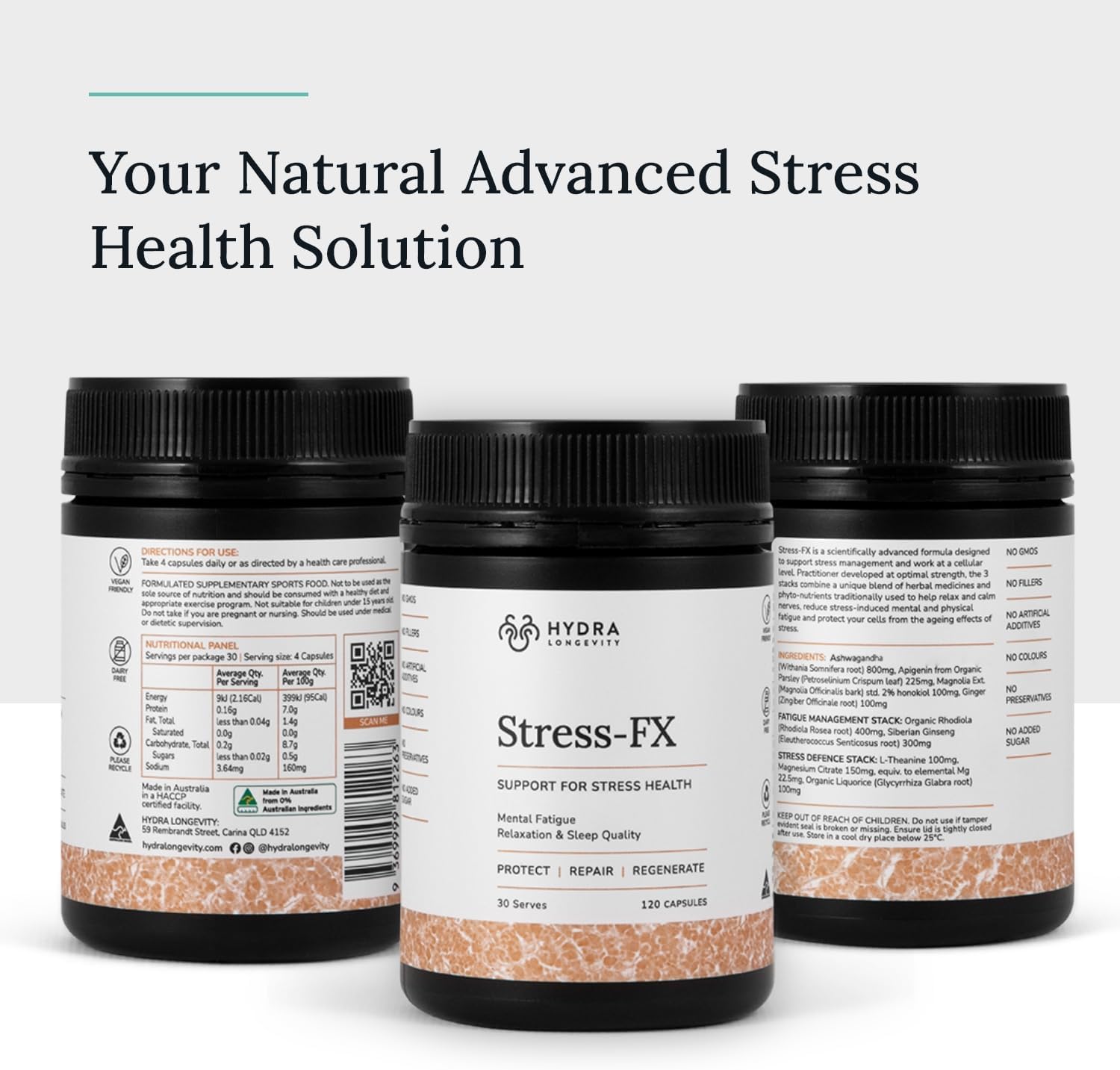 Hydra Longevity Stress-FX: Adaptogen Stress & Mood Support Supplement, Ashwagandha & L-Theanine, 120 Capsules