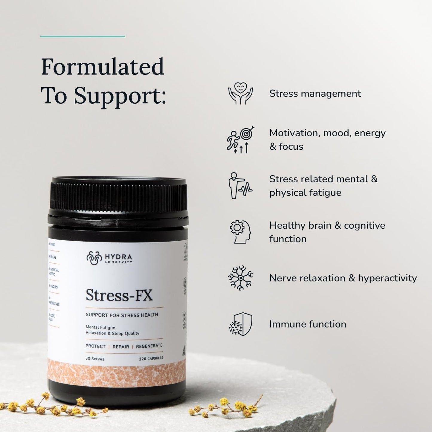 Hydra Longevity Stress-FX: Adaptogen Stress & Mood Support Supplement, Ashwagandha & L-Theanine, 120 Capsules